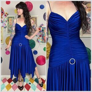 Vintage 1970s Royal Blue Ruched Mermaid Disco Dress